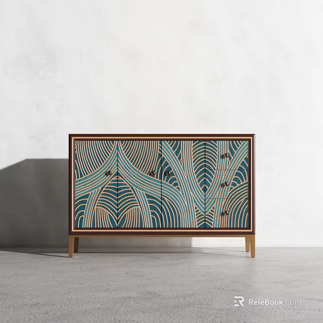 Modern Console Cabinet Sideboard With Teal Beige Leaf Pattern Wooden Frame Doors 3d model 