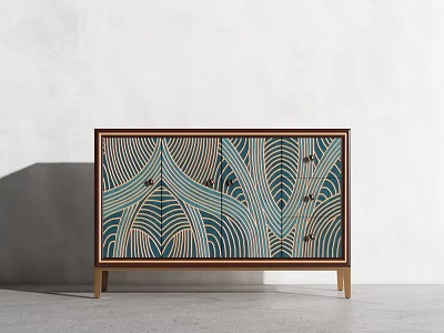 Modern Console Cabinet Sideboard With Teal Beige Leaf Pattern Wooden Frame Doors 3d model