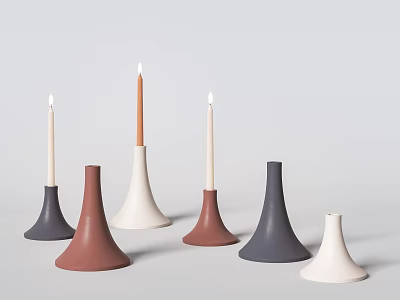 Stylish Conical Candle Holders In Gray Brown White With Lit Candles And Minimalist Design 3d model