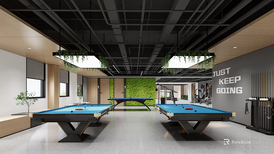 Modern Fitness Gym With Pool Tables And Green Plants In Open Space 3d model 