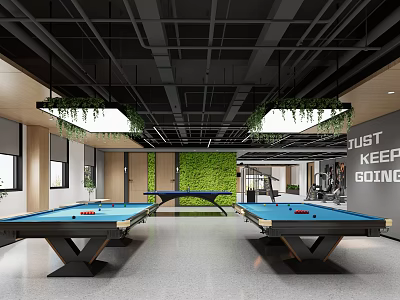 Modern Fitness Gym With Pool Tables And Green Plants In Open Space 3d model
