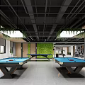 Modern Fitness Gym With Pool Tables And Green Plants In Open Space