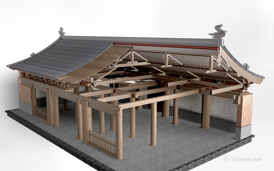 Ancient Architecture Traditional Roof Structure With Wooden Beams And Columns Design 3d model 