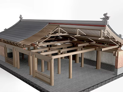 Ancient Architecture Traditional Roof Structure With Wooden Beams And Columns Design 3d model