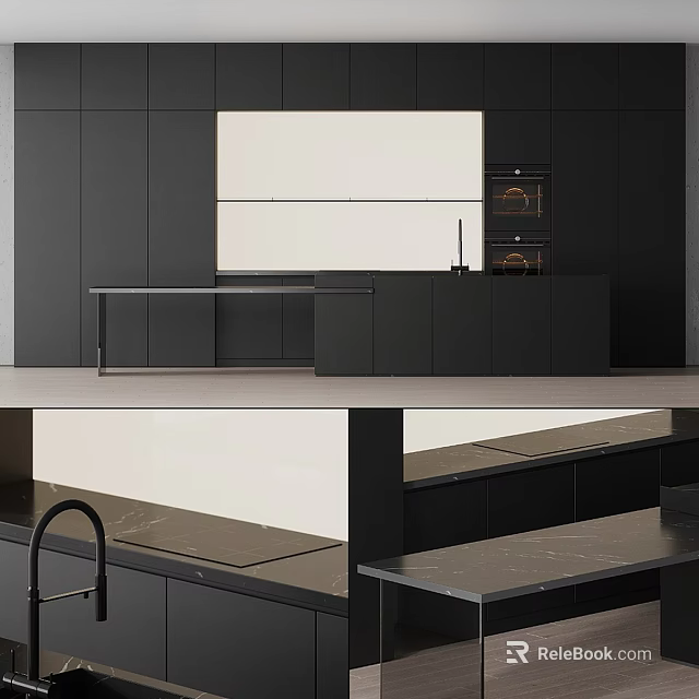 Modern Black Kitchen Cabinets With Marble Island Countertop And Built In Appliances 3d model 