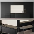Modern Black Kitchen Cabinets With Marble Island Countertop And Built In Appliances