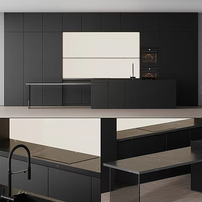 Modern Black Kitchen Cabinets With Marble Island Countertop And Built In Appliances 3d model