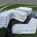 Modern Office Building With Glass Curtain Walls Geometric Structure And Landscaped Water Feature