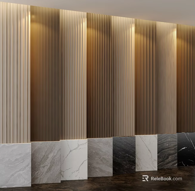 Modern Vertical Slatted Wall Paneling With Multi Tone Wooden Design And Marble Base Panels 3d model 