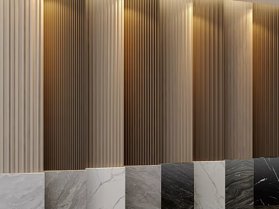 Modern Vertical Slatted Wall Paneling With Multi Tone Wooden Design And Marble Base Panels 3d model