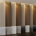 Modern Vertical Slatted Wall Paneling With Multi Tone Wooden Design And Marble Base Panels