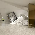 Yunding Art Gallery Interior With White Walls Geometric Shapes And Hanging Artworks