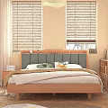 Wooden Double Bed with Upholstered Headboard Nightstand Bookshelf by Window with Blinds on Wooden Floor