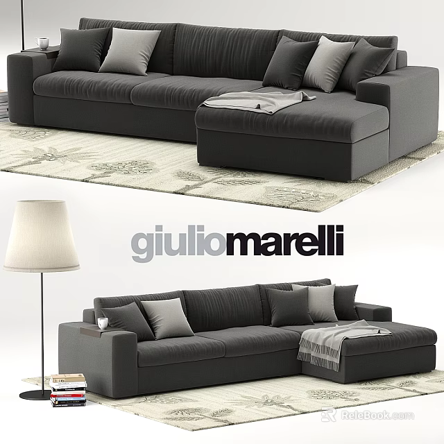 Modern Black Sofa Interior With Cushions Throw Blanket And Floor Lamp 3d model