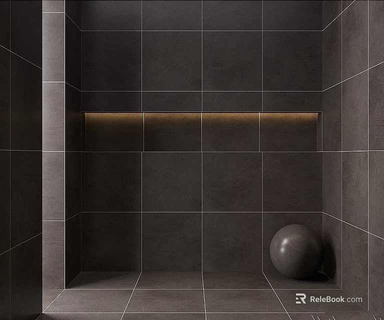Grey Tiled Wall Corner With Recessed Light Strip And Spherical Decoration 3d model 