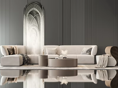 Elegant Modern Sofa And Coffee Table Set With Round Design And Decorative Pillows 3d model