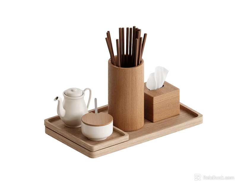 Wooden Tray Tableware Set with Chopsticks Teapot Small Bowl and Tissue Box 3d model 