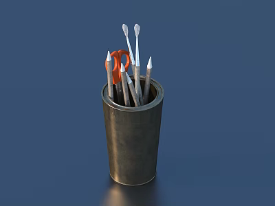 Pens Arranged In Metal Pen Holder With Orange Scissors On Blue Background 3d model