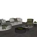 Modern Beige Curved Sofa And Coffee Table Set With Green Accent Chairs Throw Pillows And Plant