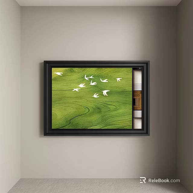 Abstract Painting With Green Wavy Texture White Birds In Black Frame Hanging On Wall 3d model 
