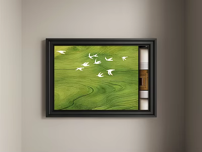 Abstract Painting With Green Wavy Texture White Birds In Black Frame Hanging On Wall 3d model