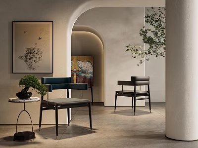 Elegant Modern Interior Space With Stylish Leisure Chairs Arched Doorway Green Plant And Decorative Art 3d model