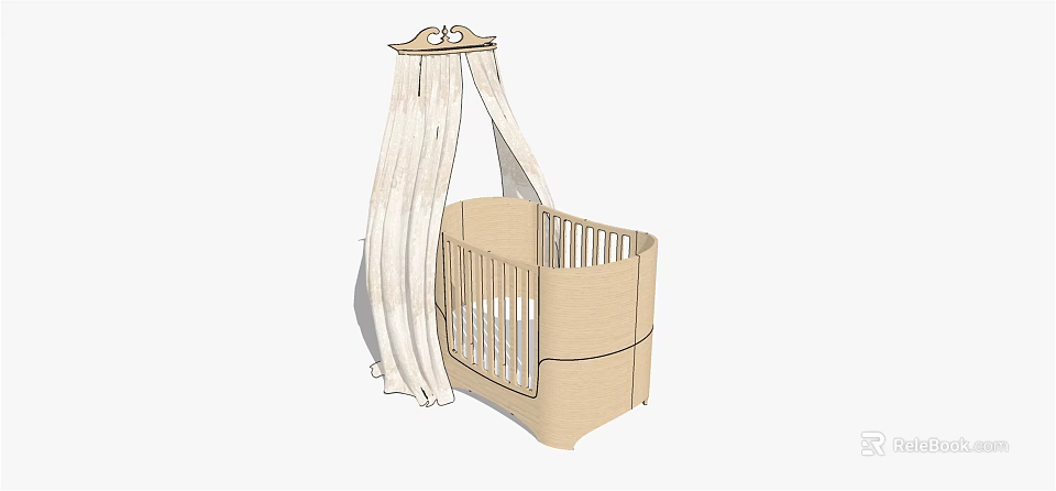 Elegant Beige Baby Crib Featuring White Draped Canopy And Railings 3d model 