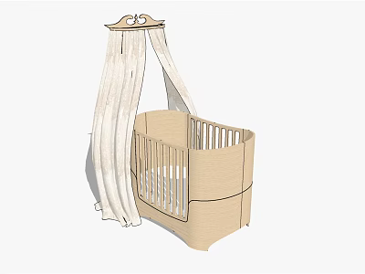 Elegant Beige Baby Crib Featuring White Draped Canopy And Railings 3d model