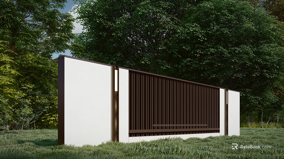 Modern Landscape Wall Design With White Panels And Dark Vertical Slats In Green Garden 3d model 