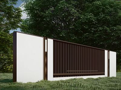 Modern Landscape Wall Design With White Panels And Dark Vertical Slats In Green Garden 3d model