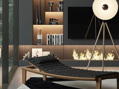 Modern Lounge Chair In Cozy Living Room With Fireplace Floor Lamp And Bookshelf 3d model