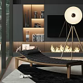 Modern Lounge Chair In Cozy Living Room With Fireplace Floor Lamp And Bookshelf