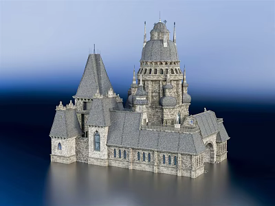 Ancient Castle Architecture With Spires Towers Stone Walls Arched Windows And Gray Roofs 3d model