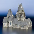 Ancient Castle Architecture With Spires Towers Stone Walls Arched Windows And Gray Roofs
