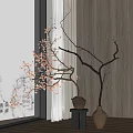 Vases With Pink Blossom Branches Placed By Window On Wooden Wall With Natural Light