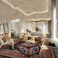 Hotel Room With Cave Like Ceiling White Canopy Bed Ethnic Rug Fireplace And Mountain View