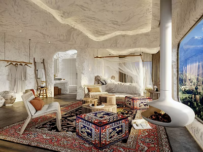 Hotel Room With Cave Like Ceiling White Canopy Bed Ethnic Rug Fireplace And Mountain View 3d model