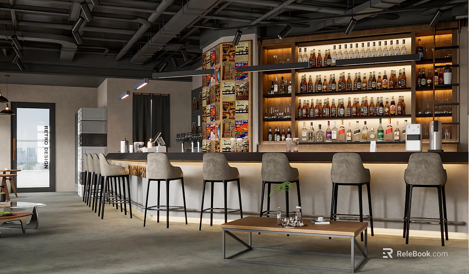Modern Bar Interior Design With Counter Stools Wine Bottles Rack And Wall Decor 3d model 