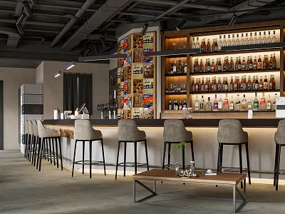 Modern Bar Interior Design With Counter Stools Wine Bottles Rack And Wall Decor 3d model
