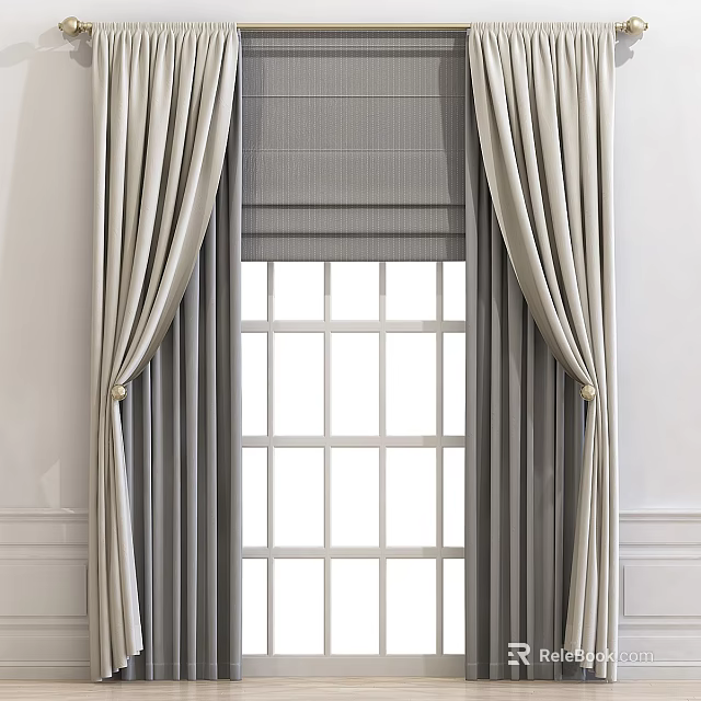 Modern Tailored Window Curtains With Textured Beige Drapes And Gray Roman Shades 3d model 
