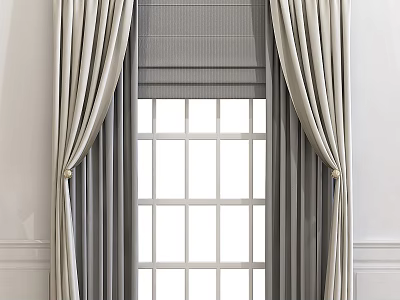 Modern Tailored Window Curtains With Textured Beige Drapes And Gray Roman Shades 3d model