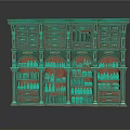 Vintage Wooden Cabinet Bookcase With Green Accents Arched Design Drawers Shelves Books And Bottles