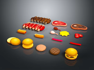 Assorted Food Collection With Hamburgers Steaks Sliced Meat Bread Rolls And Cookies 3d model