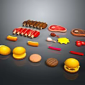 Assorted Food Collection With Hamburgers Steaks Sliced Meat Bread Rolls And Cookies