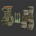 Vintage Household Items Including Wooden Barrels Boxes Old Suitcase Small Table And Photo Frame