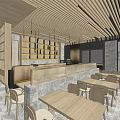 Modern Restaurant Interior With Wooden Ceiling Dining Tables Chairs And Green Plant