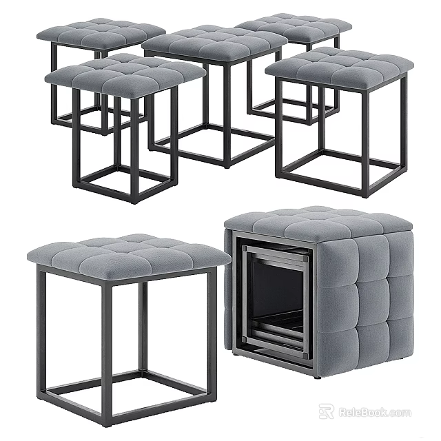 Set Of Modern Upholstered Stools With Square Tufted Seats And Black Metal Frames 3d model 