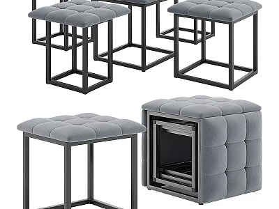 Set Of Modern Upholstered Stools With Square Tufted Seats And Black Metal Frames 3d model