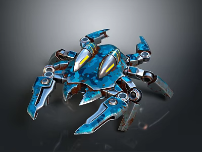 Futuristic Blue And Silver Mechanical Spider With Glowing Yellow Eyes And Metal Legs 3d model