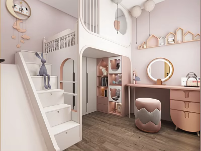 Kids Room With Loft Bed Staircase Pink Walls Bookshelf Desk And Round Mirror 3d model